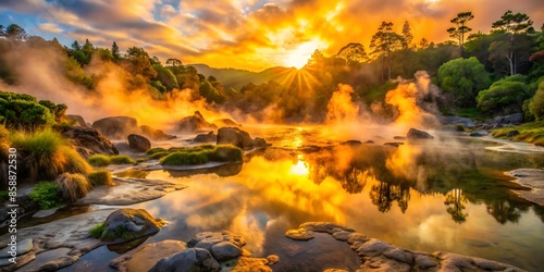 New Zealand'S Geothermal Landscape Of Wai-O-Tapu At Sunrise.