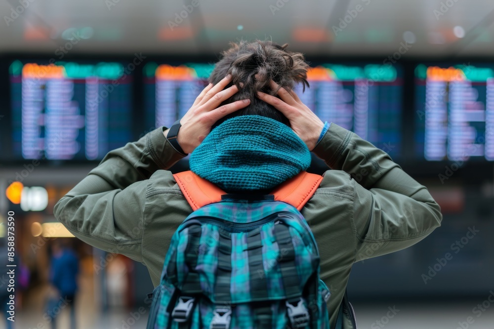 Traveler stressed at airport with flight information display Traveler stressed at airport with flight information display