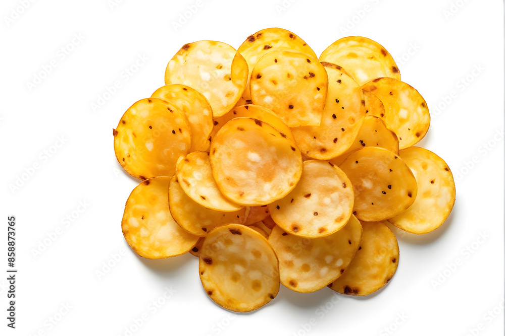 Potato chips isolated on white background with clipping path and full depth of field. Top view. Flat lay. Potato chips isolated on white background with clipping path and full depth of field. Top view. Flat lay.