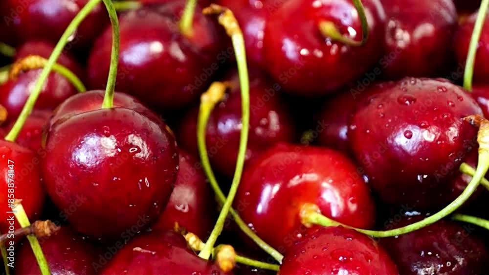 Close Up of Ripe Red Cherries With Green Stems and Water Drops Rotating