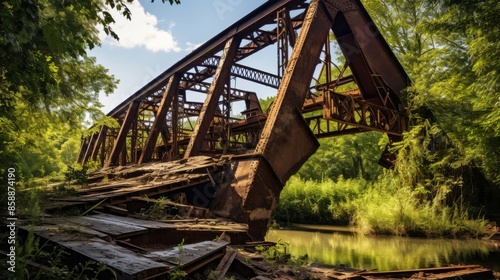 Decaying railway bridge covered in rust, silent and neglected © stocksbyrs