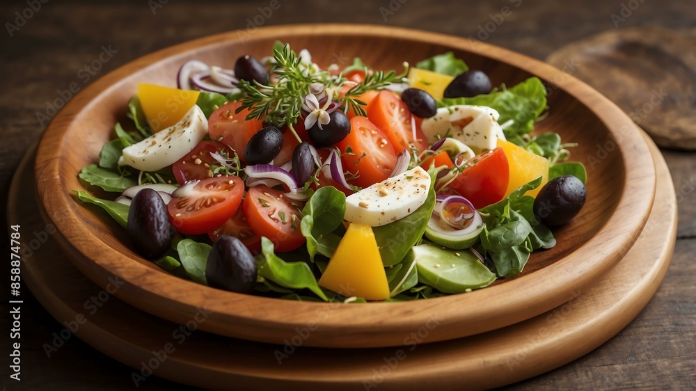 mediterranean salad served aesthetically in wooden plate mediterranean salad served aesthetically in wooden plate