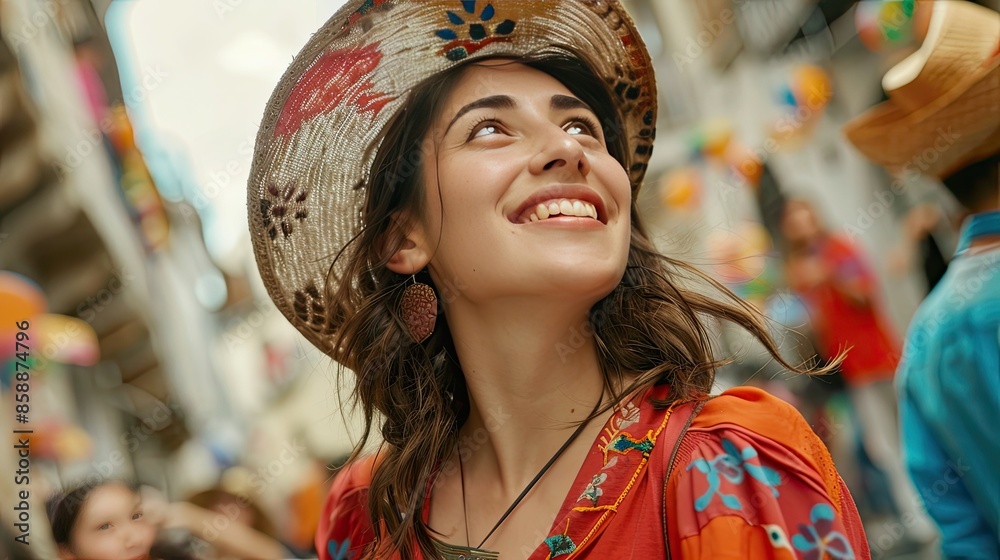Casual tourist woman in awe of traditional cultural performances abroad Casual tourist woman in awe of traditional cultural performances abroad