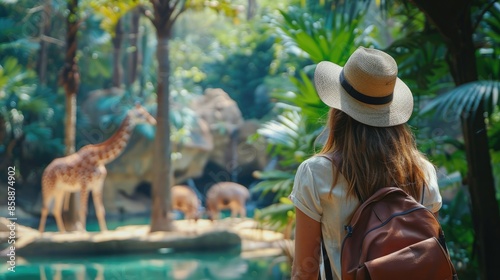 Casual tourist woman marveling at exotic wildlife during an adventure trip