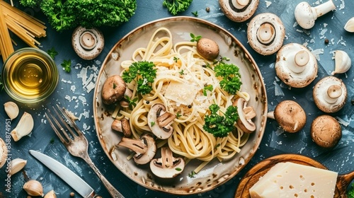 Fototapeta Naklejka Na Ścianę i Meble -  Gourmet spaghetti with mushrooms and parmesan on rustic table