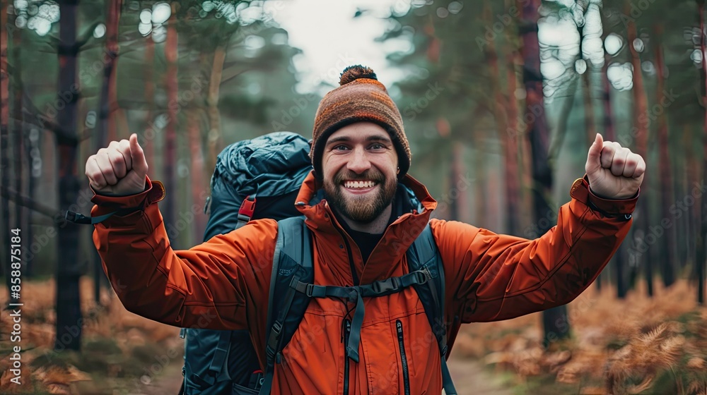 Cheerful adventurer with a backpack in Cannock Chase forest Cheerful adventurer with a backpack in Cannock Chase forest