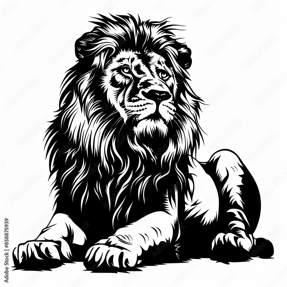 A black and white drawing of a lion
