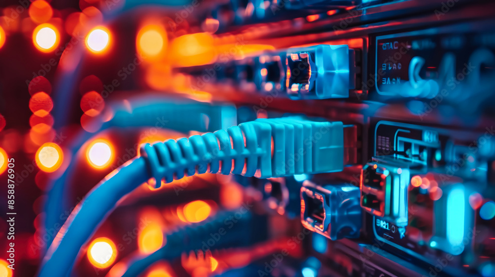 A close-up view of a network server rack with a blue ethernet cable plugged in A close-up view of a network server rack with a blue ethernet cable plugged in