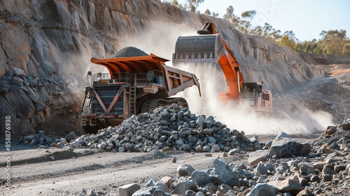 Excavator loading a dump truck with rocks in a quarry. photo