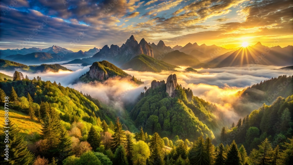 Magnificent sunrise panorama showcasing majestic mountains, lush green forests, and serene misty valleys, bathed in golden light, with rugged peaks stretching towards the sky.,hd,8k. Magnificent sunrise panorama showcasing majestic mountains, lush green forests, and serene misty valleys, bathed in golden light, with rugged peaks stretching towards the sky.,hd,8k.