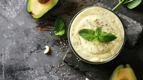Freshly made avocado smoothie garnished with mint leaves photo