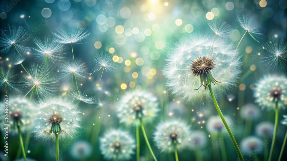 Soft focus abstract natural background featuring delicate dandelion seeds floating in air, surrounded by ethereal bokeh patterns and gentle blurred greenery, conveying serenity.,hd,8k. Soft focus abstract natural background featuring delicate dandelion seeds floating in air, surrounded by ethereal bokeh patterns and gentle blurred greenery, conveying serenity.,hd,8k.