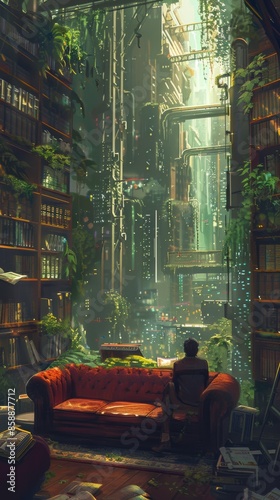 A man sitting on a couch in a library