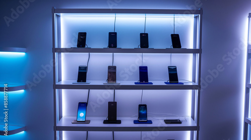 Display of smartphones on backlit shelves in a tech store. Content farming. 