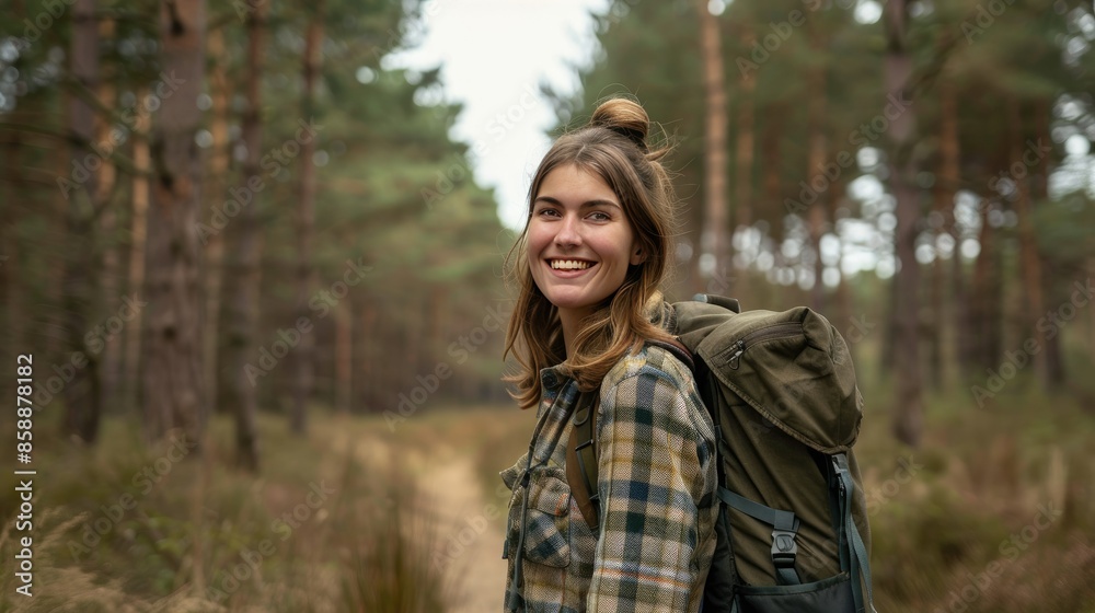 Happy woman with backpack standing on a forest trail in Cannock Chase Happy woman with backpack standing on a forest trail in Cannock Chase