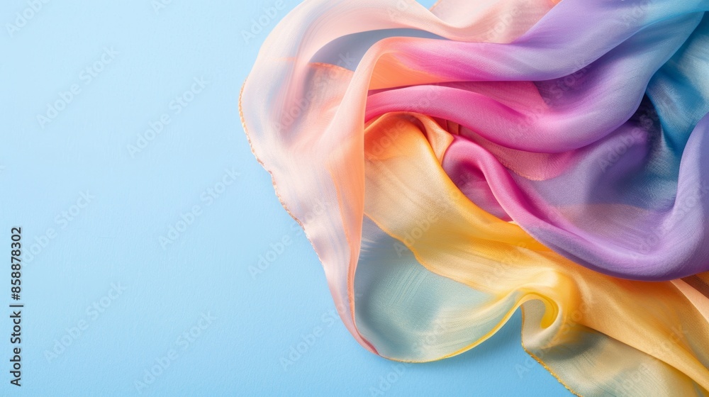 Obraz premium Colorful silk fabric flowing on blue background