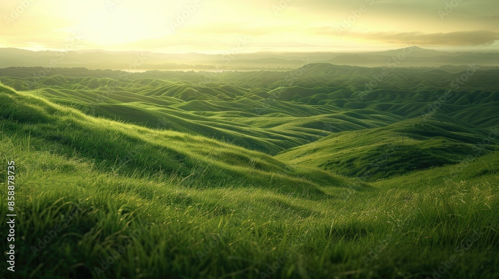 Hills covered in short, dense grass with a beautiful horizon Hills covered in short, dense grass with a beautiful horizon