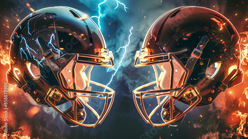 A pair of football helmets, one surrounded by fire and the other by lightning, face each other on a dramatic backdrop photo