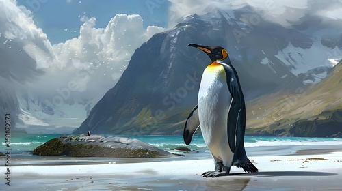 King pinguin walking at the beach. 