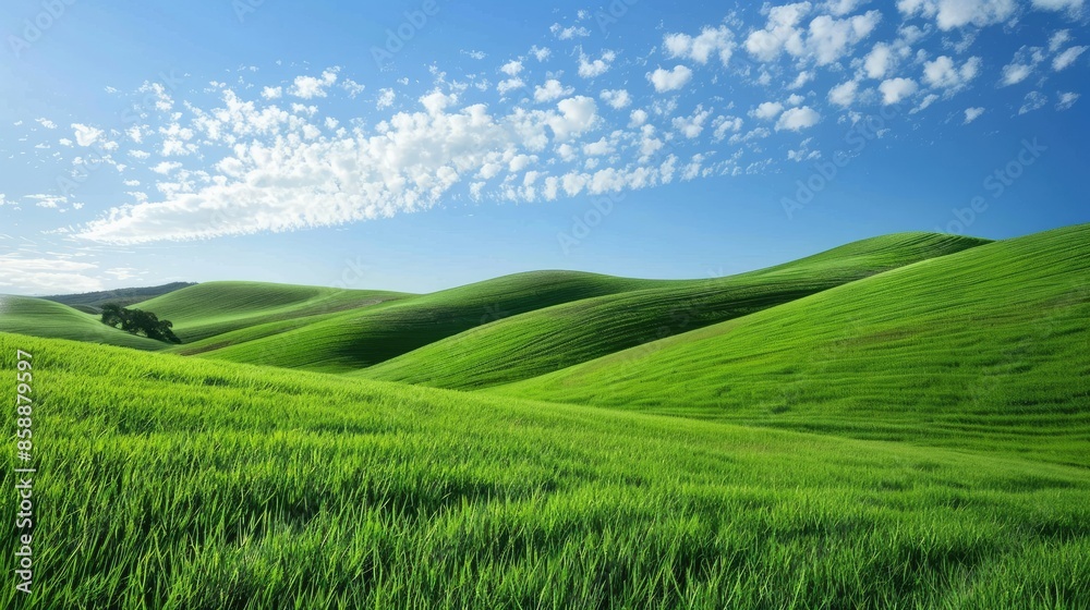 Rolling hills covered in fresh green grass and a clear, blue sky Rolling hills covered in fresh green grass and a clear, blue sky