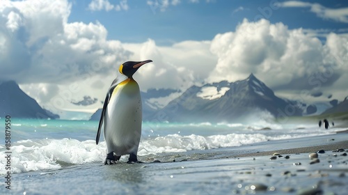 King pinguin walking at the beach. 