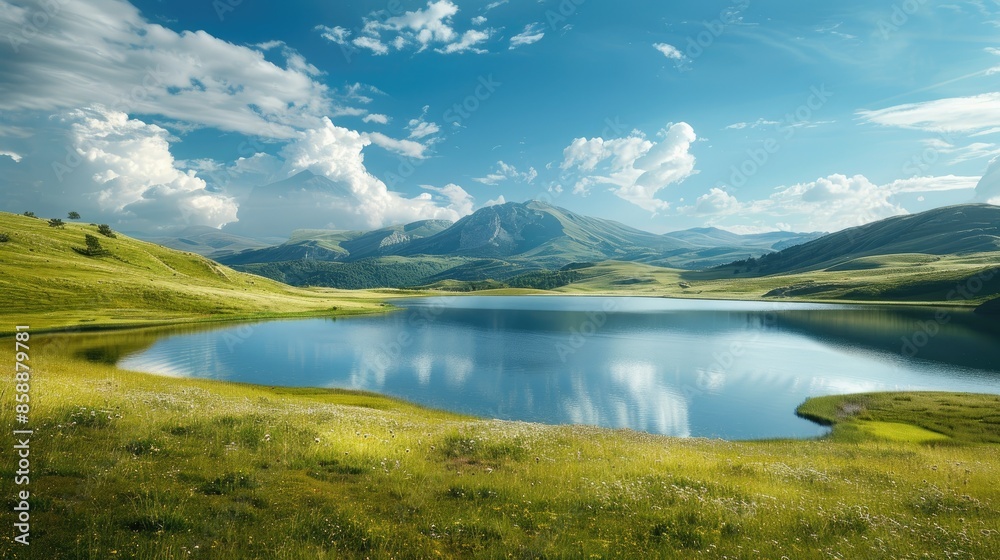 Scenic landscape of rolling hills and a crystal-clear lake Scenic landscape of rolling hills and a crystal-clear lake