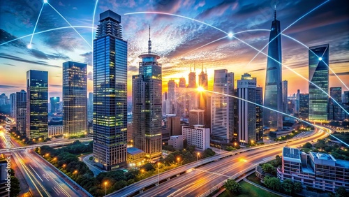 Modern futuristic cityscape at dusk with sleek skyscrapers, neon lights, and fiber optic networks reflecting advanced business management and innovative technologies.,hd,8k. photo
