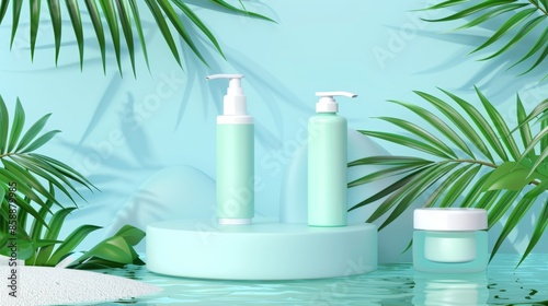 Tropical beauty skincare products on pastel blue backdrop © Viam