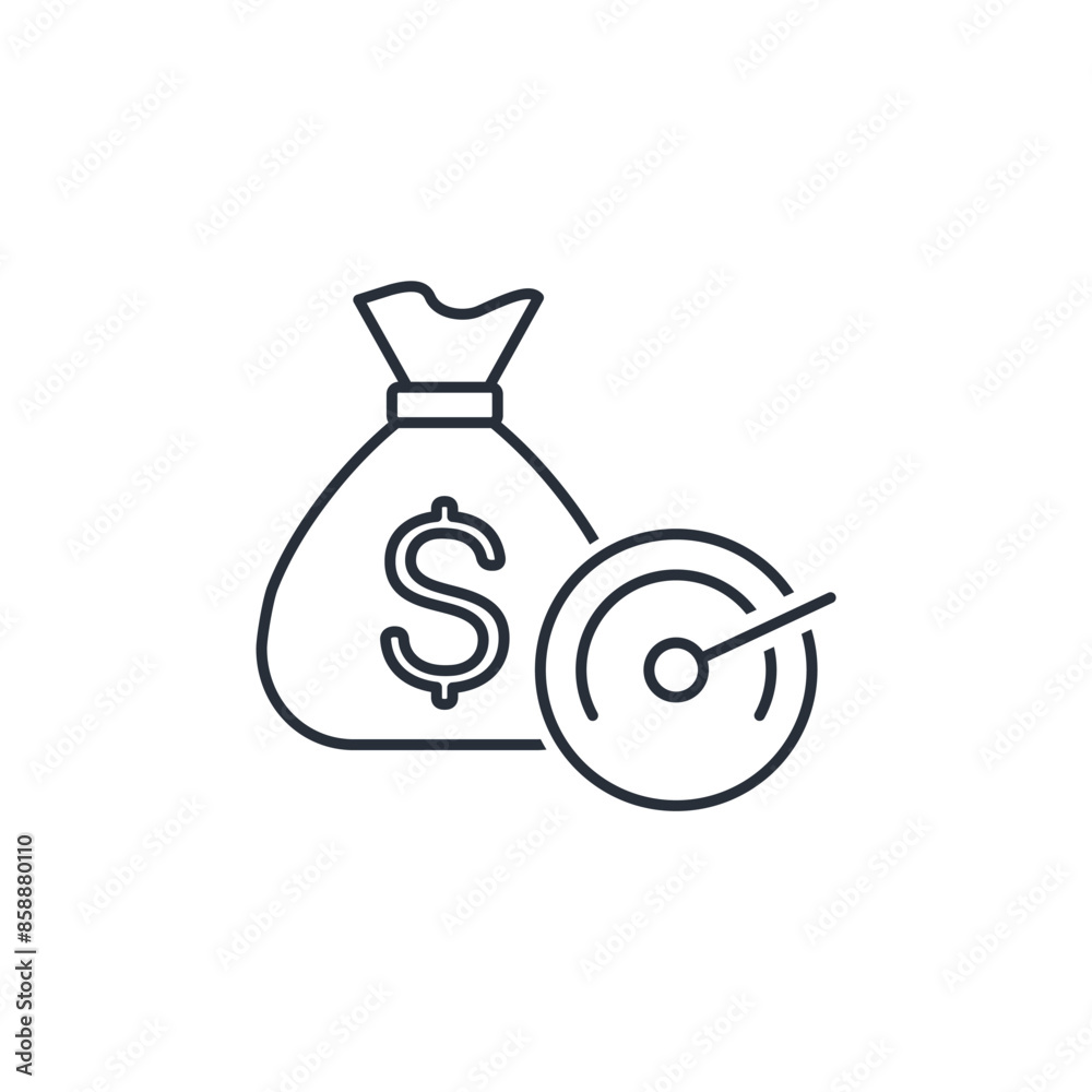 A bag with a dollar and a pressure measuring device. Financial load. Vector linear icon isolated on white background. A bag with a dollar and a pressure measuring device. Financial load. Vector linear icon isolated on white background.