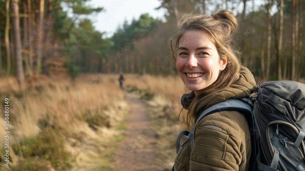 Smiling woman with a backpack standing on a path in Cannock Chase forest