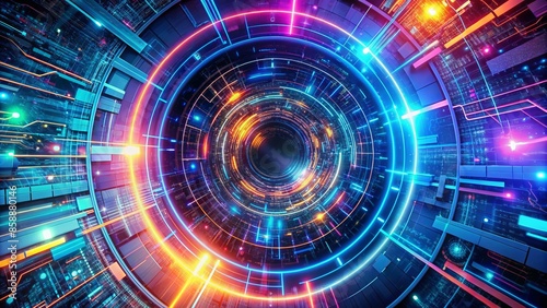 Futuristic digital vortex swirling with vibrant neon lights, circuits, and code, evoking innovation, network connectivity, and futuristic computing in a mesmerizing, high-tech atmosphere.,hd,8k. photo