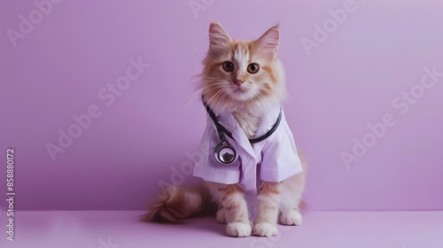 Adorable Cat Wearing Doctor s Uniform with Stethoscope on Plain Purple Background