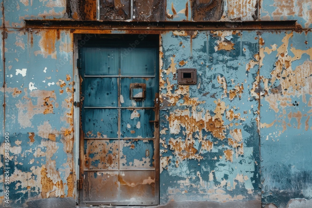 A rusty, weathered metal door with peeling paint in an old, abandoned building. A rusty, weathered metal door with peeling paint in an old, abandoned building.