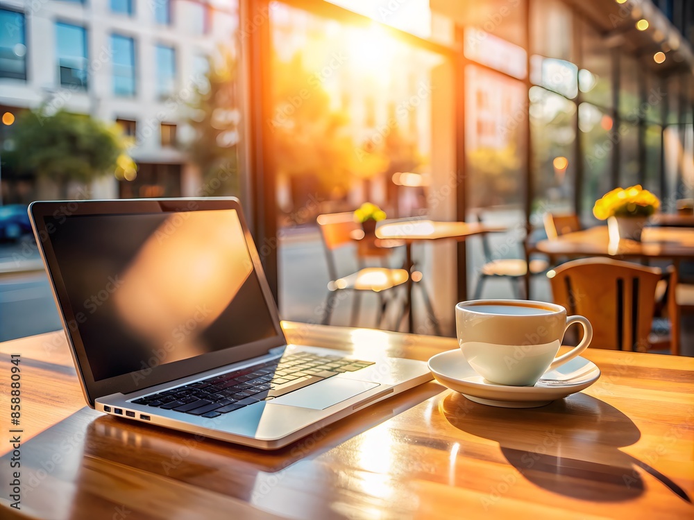 Laptop And Coffee Cup On A Wooden Table In A Cafe With A Warm Sunlight In The Background. Laptop And Coffee Cup On A Wooden Table In A Cafe With A Warm Sunlight In The Background.
