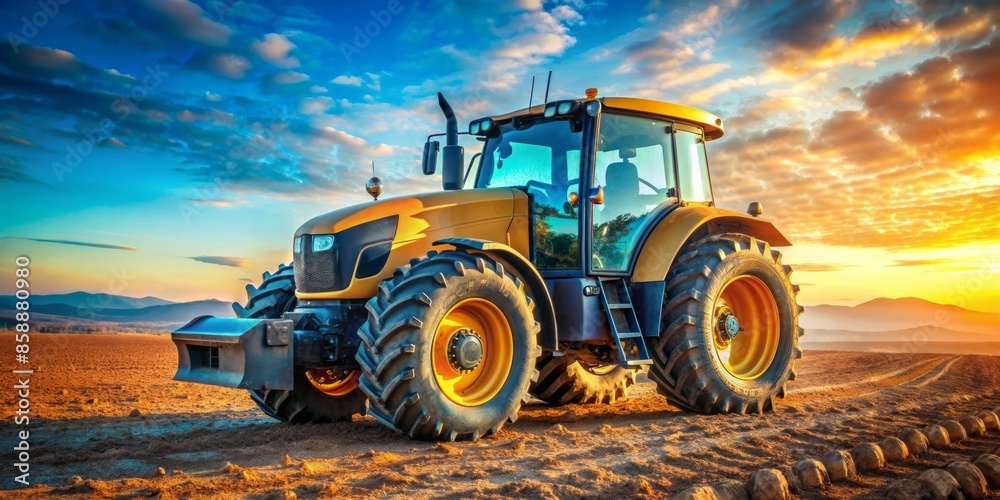 Fototapeta premium Tractor at Sunset in a Field