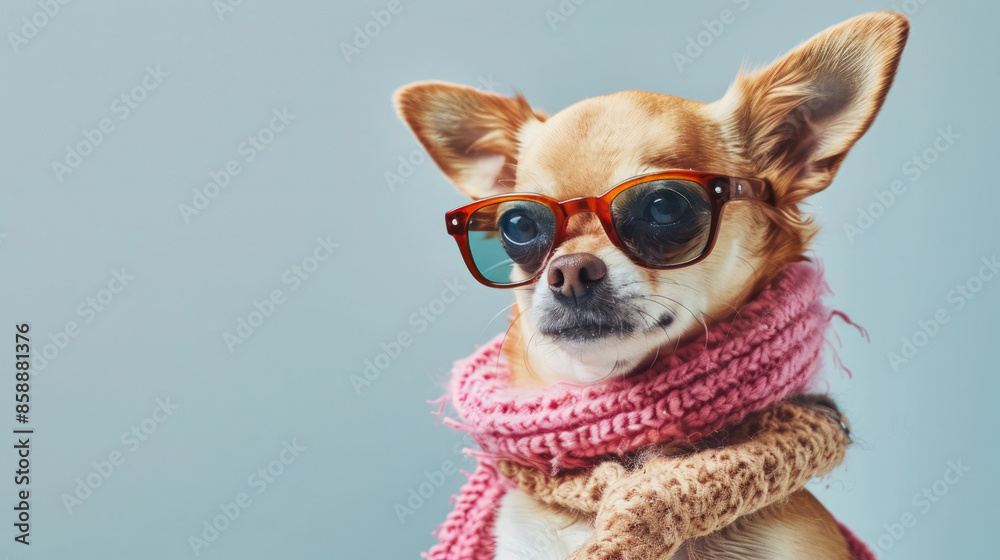 Funky Chihuahua dog in stylish attire. Text space on the right side. Fashion-forward canine adds flair to any scene. Funky Chihuahua dog in stylish attire. Text space on the right side. Fashion-forward canine adds flair to any scene.