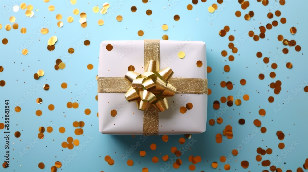White gift box with golden ribbon bow on blue background with confetti. Christmas present, valentine day surprise, birthday concept. Flat lay, top view White gift box with golden ribbon bow on blue background with confetti. Christmas present, valentine day surprise, birthday concept. Flat lay, top view