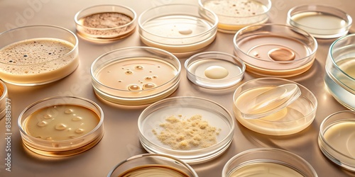 A Variety Of Petri Dishes Containing Different Substances And Liquids, Viewed From Above. photo