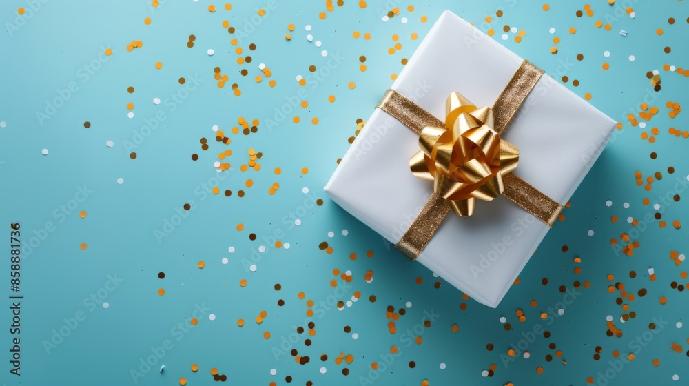 White gift box with golden ribbon bow on blue background with confetti. Christmas present, valentine day surprise, birthday concept. Flat lay, top view White gift box with golden ribbon bow on blue background with confetti. Christmas present, valentine day surprise, birthday concept. Flat lay, top view