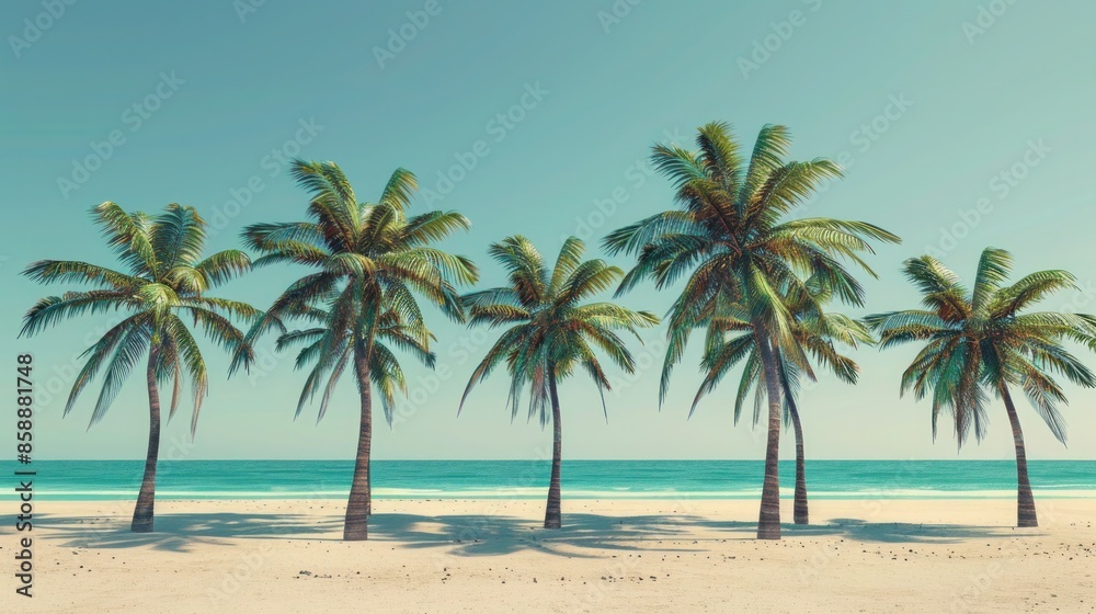 A row of tall palm trees swaying gently in the warm coastal breeze along a sandy beach. A row of tall palm trees swaying gently in the warm coastal breeze along a sandy beach.