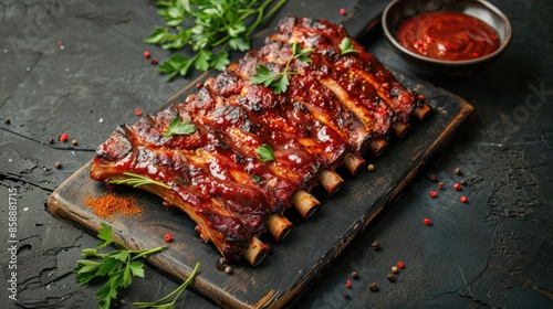 Fresh pork ribs with spices on a rustic table background