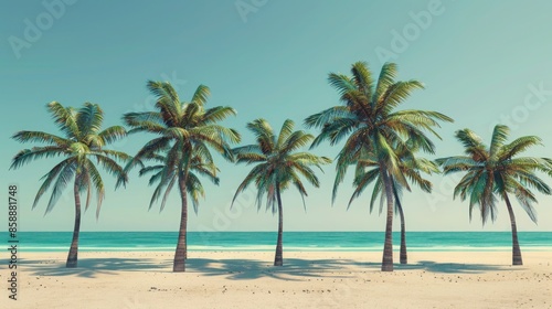 A row of tall palm trees swaying gently in the warm coastal breeze along a sandy beach.
