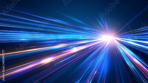 Abstract futuristic energy technology concept: digital blue light rays and speed motion blur on dark blue background


