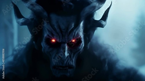 A frightening scary monster werewolf with red eyes stands at midnight in the winter forest	
