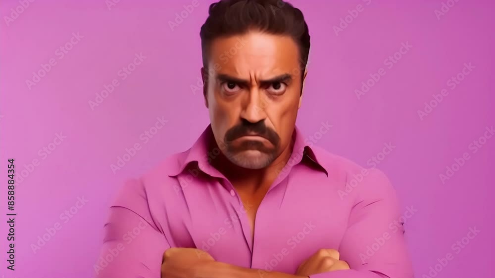 Unhappy handsome man nervous and angry with his arms folded on his chest on a pink solid background	
