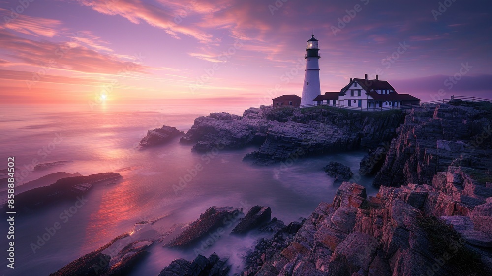 A row of lighthouses along a rocky coastline at sunrise. A row of lighthouses along a rocky coastline at sunrise.