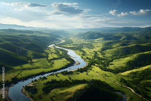 Beautiful summer landscape with river and green hills. 3d render