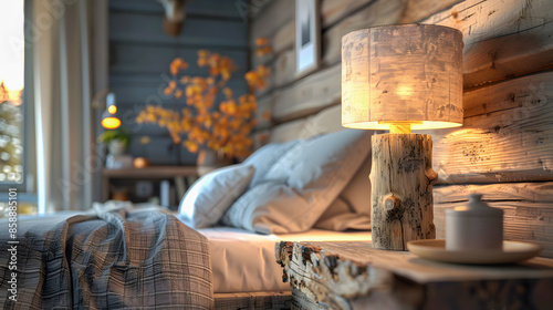 Natural log lampshade near bed Rustic interior design of modern bedroom photo