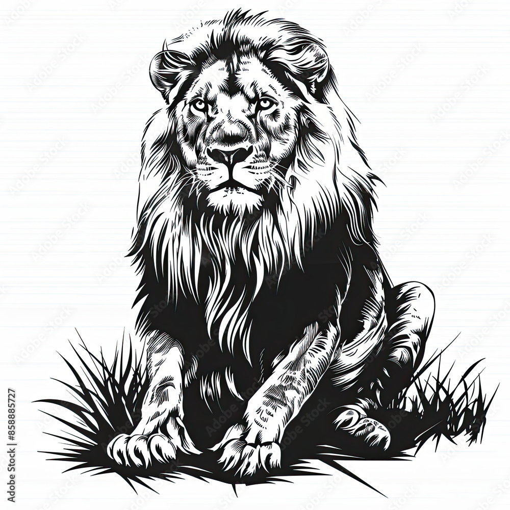A black and white drawing of a lion
