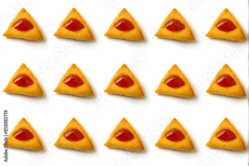 Set of Hamantaschen cookies or hamans ears for Purim Jewish holiday celebration isolated on white background. High resolution detail macro shot. View from above.
 photo